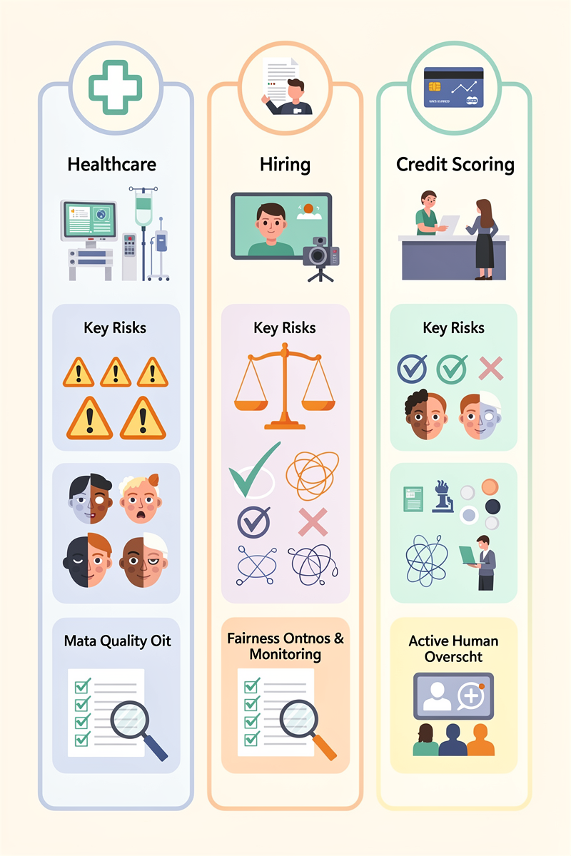 의료·채용·신용 세 가지 고위험 AI 축을 비교하는 세로 인포그래픽으로, 사용 시나리오·리스크·필수 통제를 아이콘과 컬럼으로 나눈 이미지