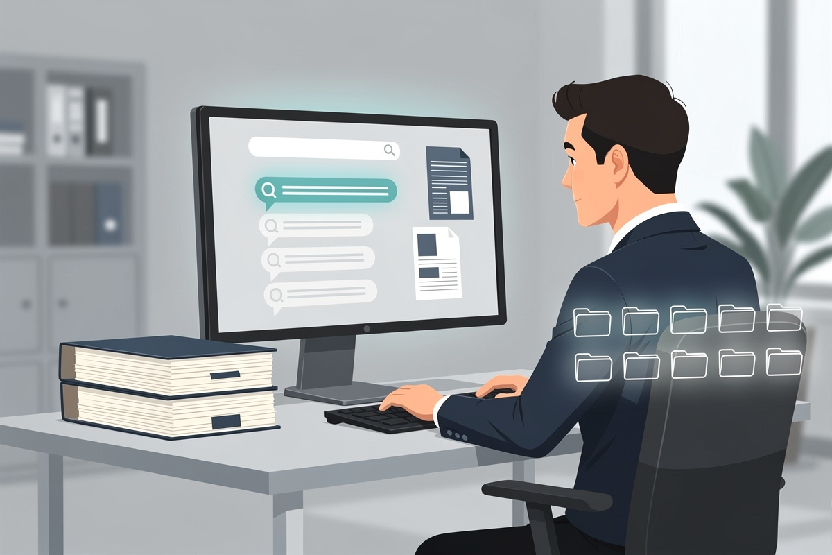 공무원이 LLM 기반 지식 검색 어시스턴트로 규정·지침을 찾는 장면을 그린 일러스트로, 종이 서류 더미와 디지털 폴더 대비로 공공서비스 초거대 AI 활용을 표현한다.