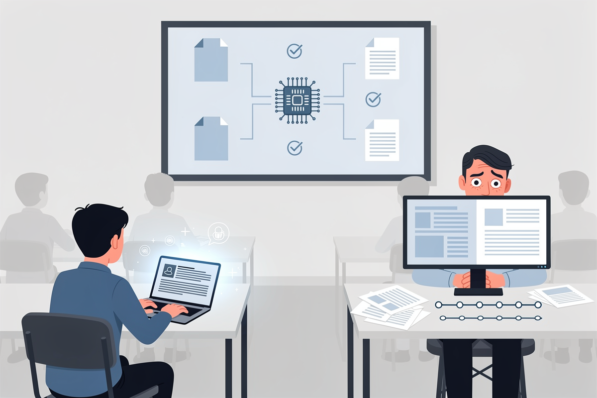 대학 강의실에서 학생의 생성형 AI 과제와 교수의 AI 감별·평가 부담을 함께 보여주는 교육 현장 AI 윤리 2025 일러스트.