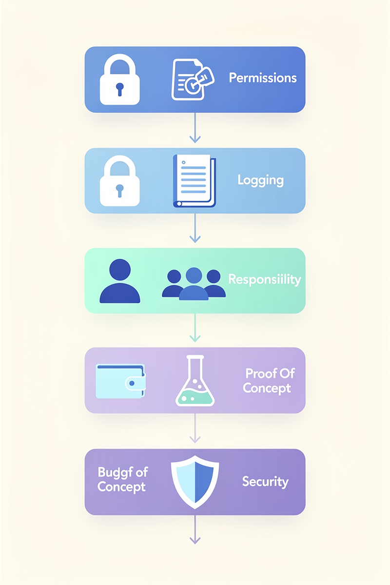 잠금, 로그북, 사람, 지갑, 플라스크, 방패 아이콘이 단계별 블록과 함께 배열된 세로형 인포그래픽으로 스타트업의 에이전틱 AI 도입 체크리스트를 시각화한 이미지
