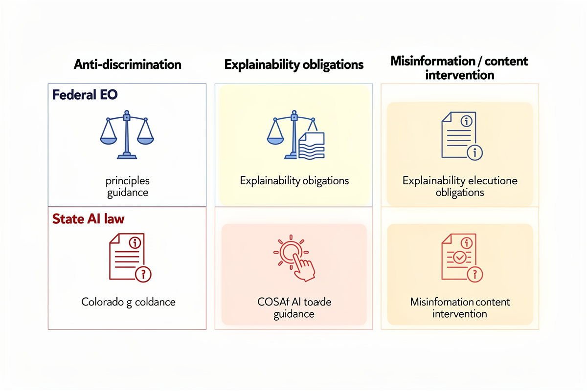 연방 행정명령과 콜로라도 등 주 AI법의 차별 방지, 설명의무, 콘텐츠 개입 세 영역을 비교한 표 형식 차트로, 미국 AI 규제의 주요 충돌 지점을 직관적으로 보여준다.