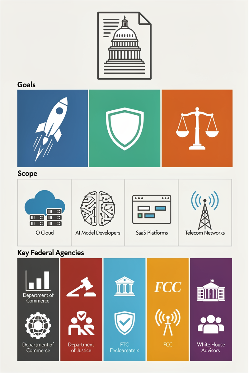 미국 AI 행정명령 14365호의 목표·적용 범위·주요 기관 역할을 아이콘과 도형만으로 단계별 표현한 세로형 인포그래픽