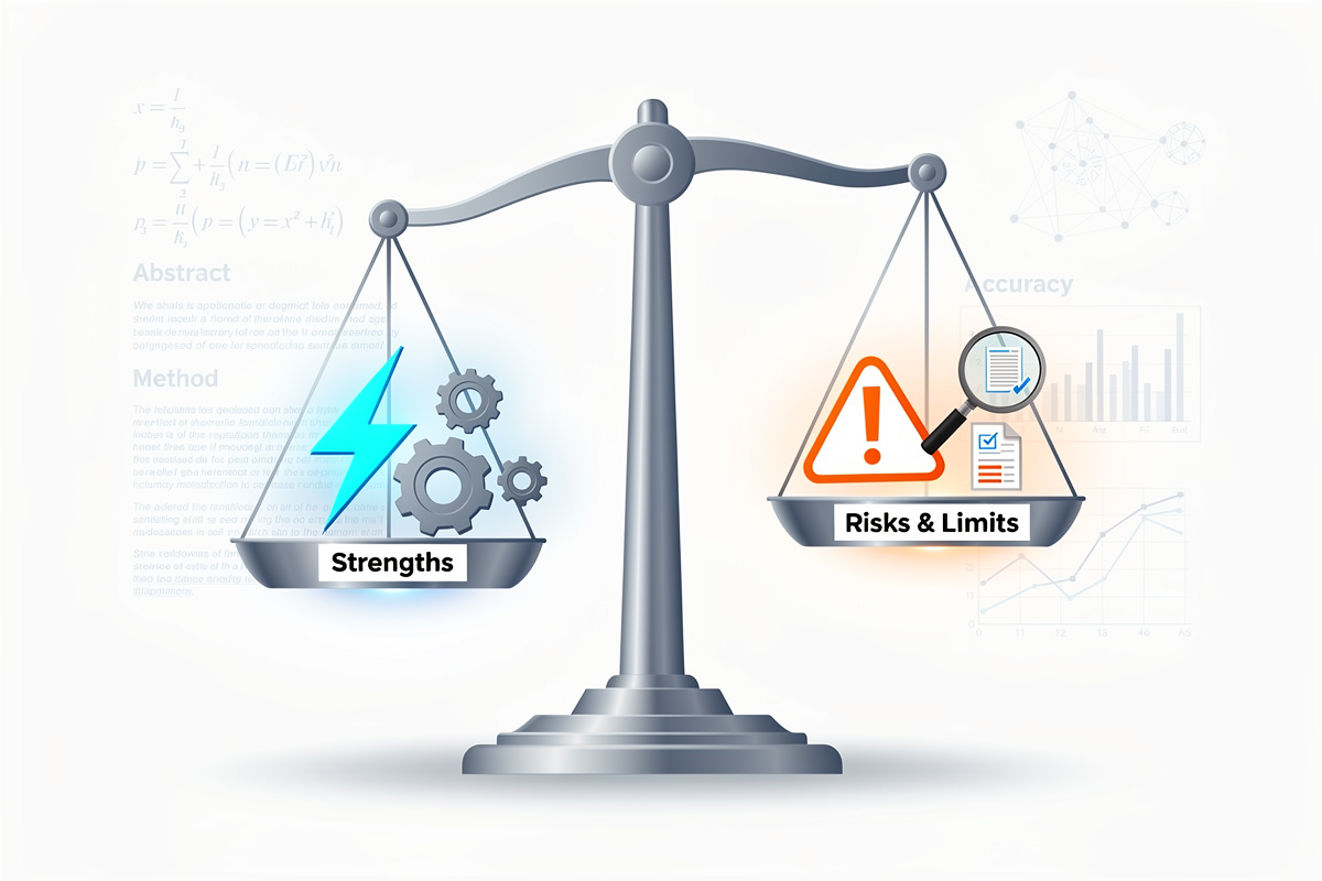 중앙 저울 양쪽에 속도·생산성과 위험·정확성 아이콘을 배치해 Google Gemini 3 Flash의 장점과 한계를 균형 있게 표현한 개념 일러스트.