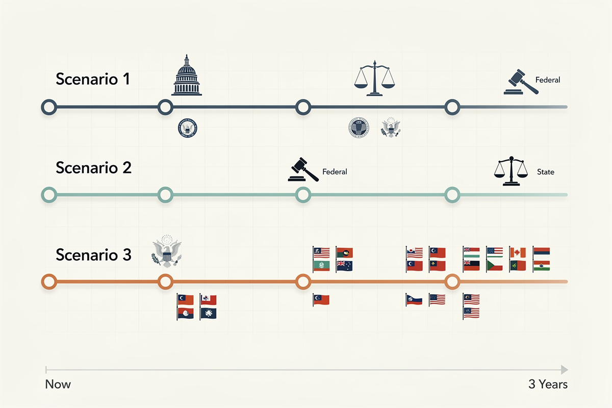향후 3년간 미국 AI 규제의 연방 우선 강화, 절충 유지, 주 우위 확산 세 가지 시나리오를 시간축 위에 나란히 비교한 로드맵 차트로, 핵심 사건과 방향성을 아이콘으로 표현한다.
