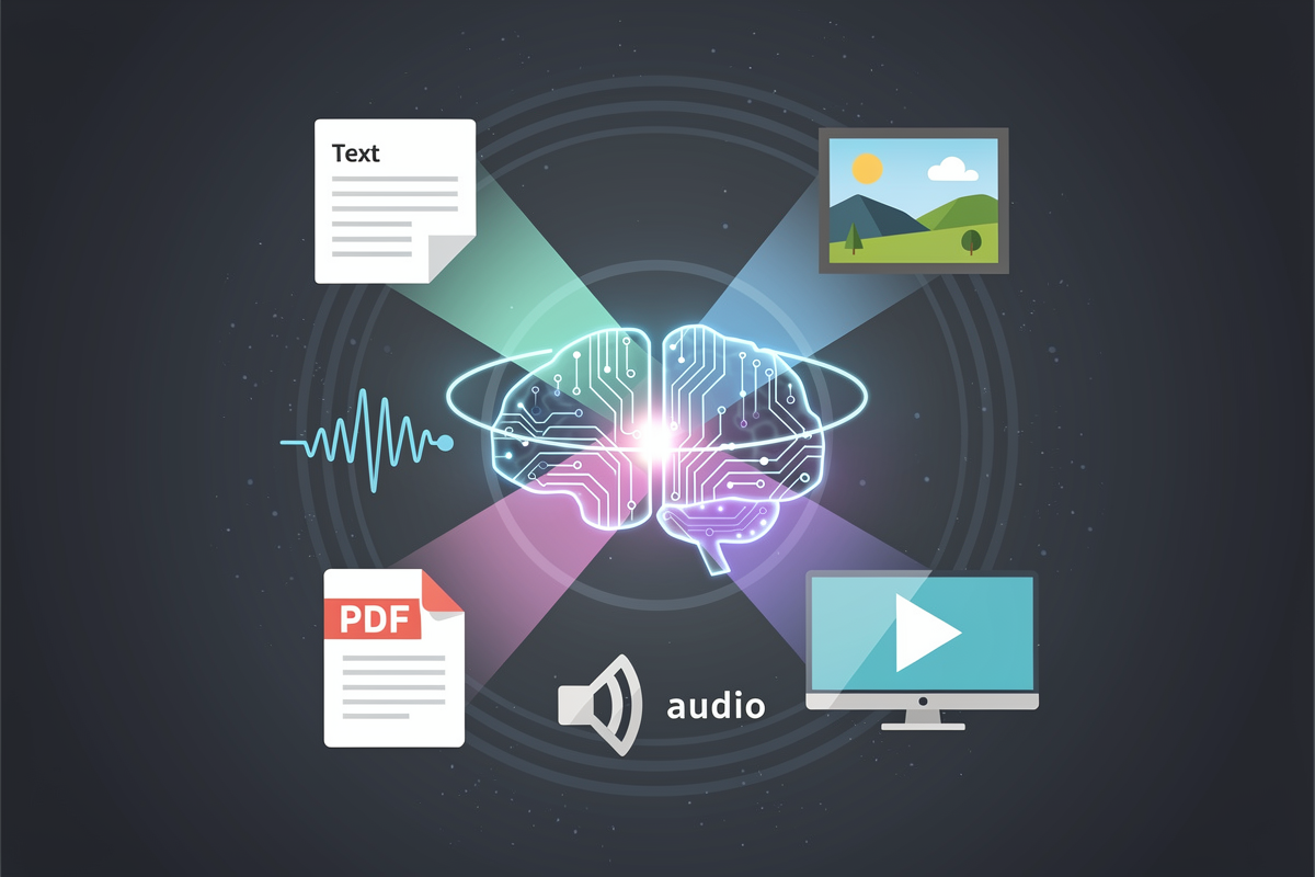중앙 AI 코어와 주변 텍스트·이미지·영상·오디오·문서 아이콘을 통해 멀티모달 입력을 처리하는 Google Gemini 3 Flash 기능을 시각화한 일러스트.