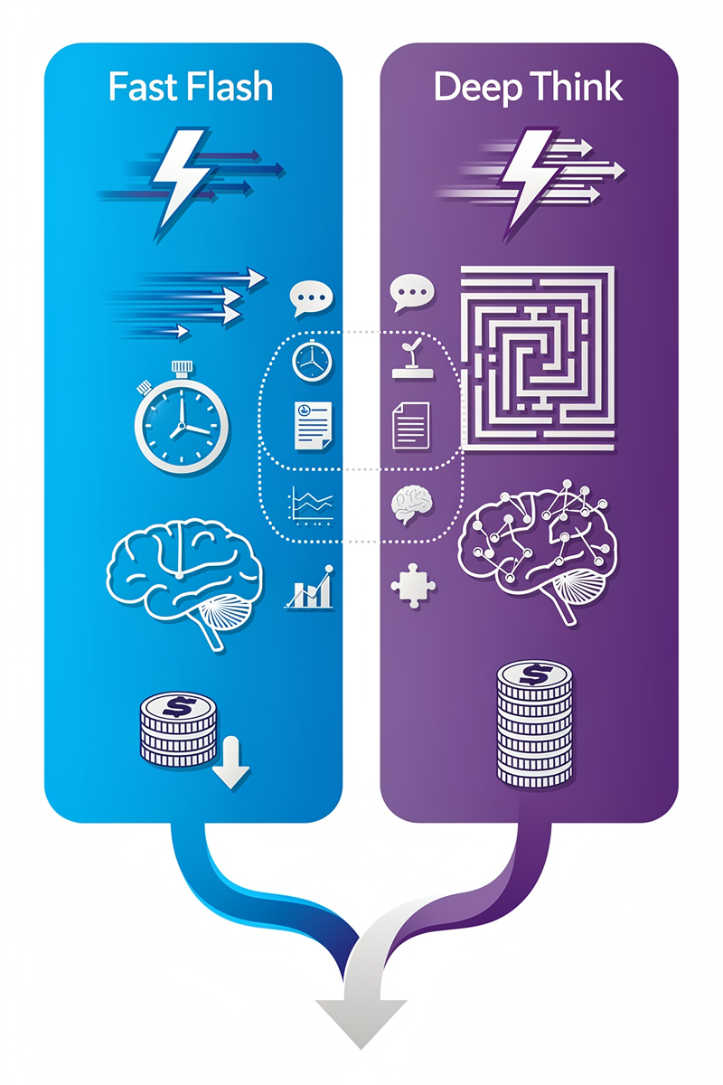 빠른 Flash와 깊이 있는 Deep Think의 속도·추론·비용 특성과 대표 사용 시나리오를 두 컬럼으로 비교하고, 최종적으로 하나의 서비스 흐름으로 합쳐지는 구조를 보여주는 인포그래픽.