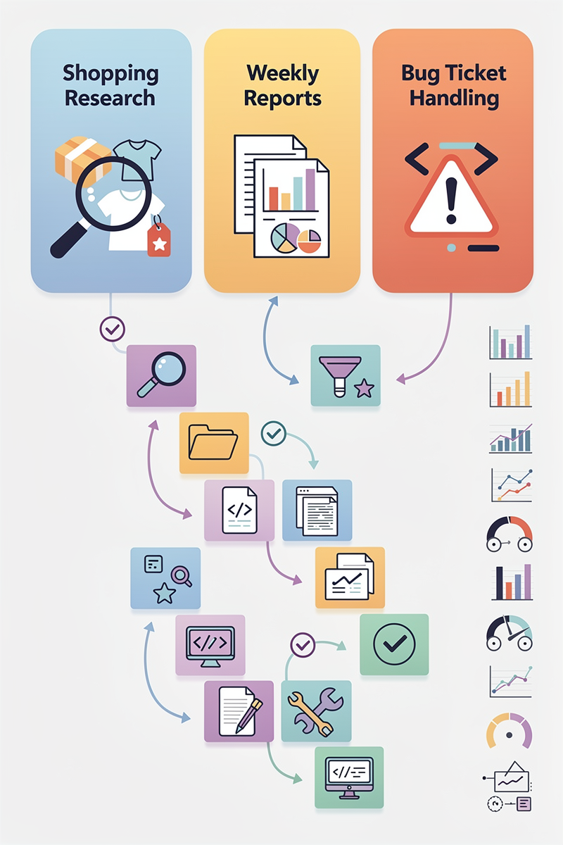 쇼핑 리서치, 주간 리포트, 버그 티켓 처리 유스케이스를 아이콘 카드와 계단식 단계 블록으로 분해해 태스크·시나리오 설계 과정을 보여주는 세로형 멀티모달 에이전트 벤치마크 인포그래픽.