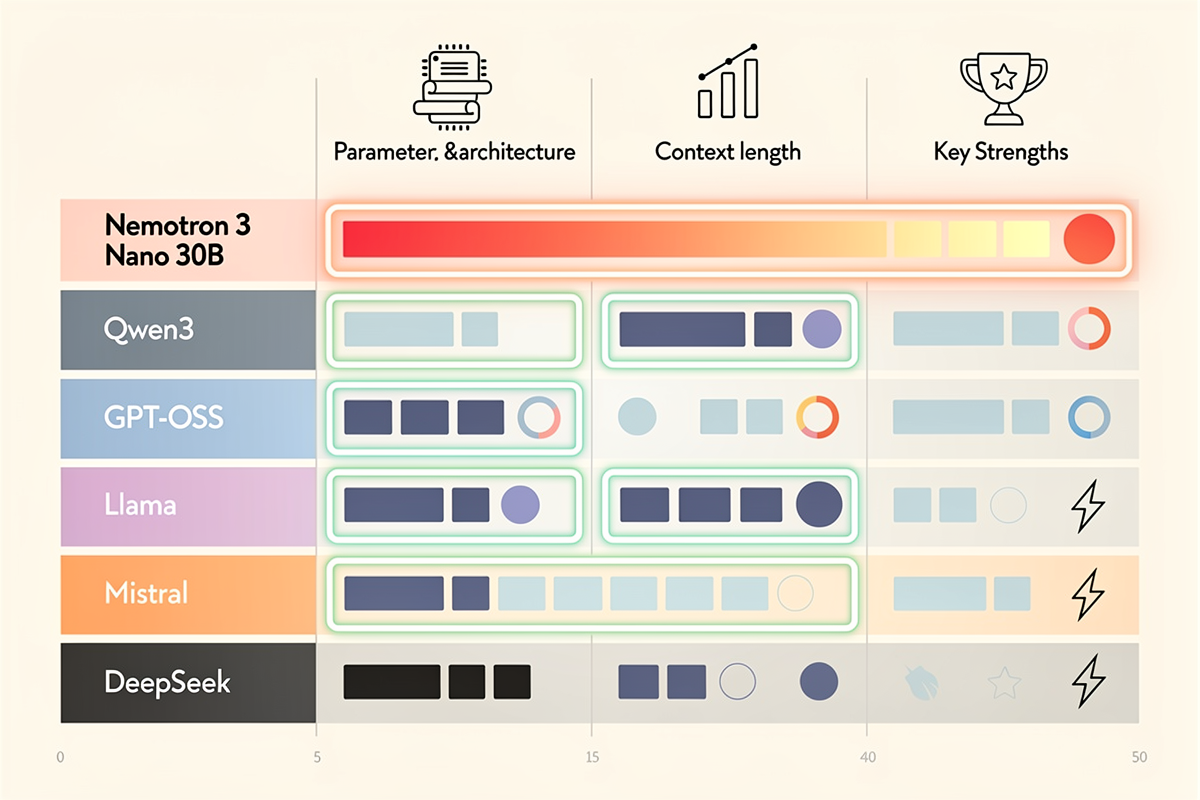 Nemotron 3 Nano 30B와 Qwen3, Llama, Mistral, DeepSeek 등 오픈소스 LLM을 파라미터, 컨텍스트 길이, 벤치마크 성능 기준으로 비교하는 가로형 매트릭스 차트.