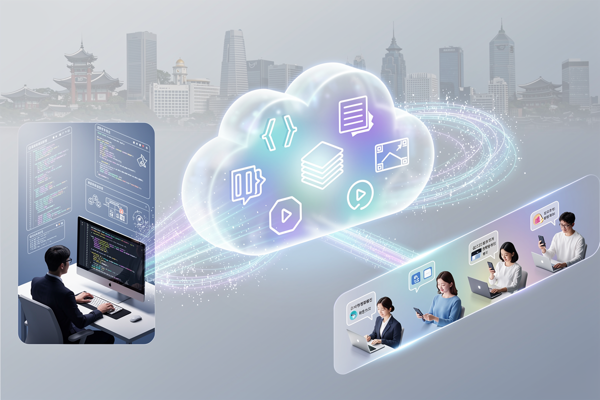 중앙 AI 클라우드 허브와 양쪽의 개발자·일반 사용자를 통해 한국 서비스 환경에서 Google Gemini 3 Flash가 멀티모달 백엔드로 여러 워크플로를 통합하는 모습을 보여주는 개념 일러스트.