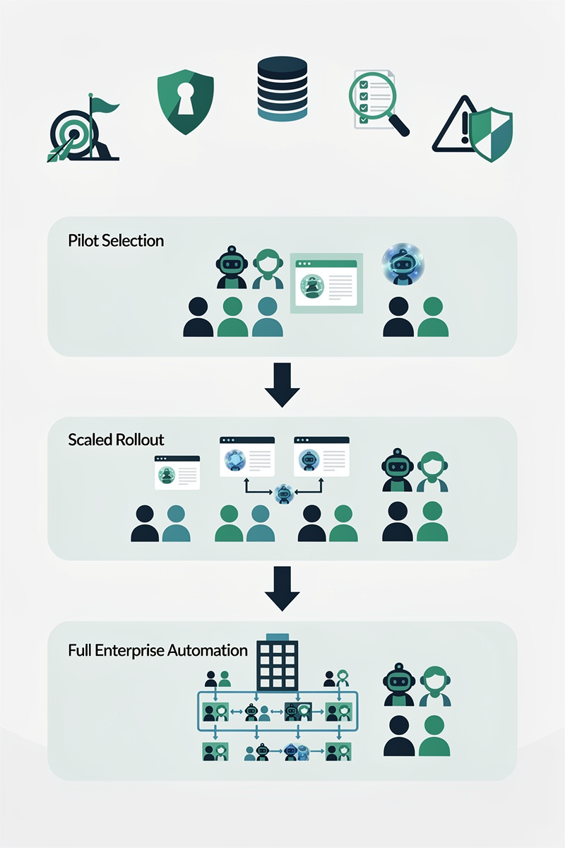 OpenAI 에이전트 도입 체크리스트 다섯 가지와 2026년까지 단계적 로드맵을 아이콘과 타임라인으로 정리한 세로형 인포그래픽.