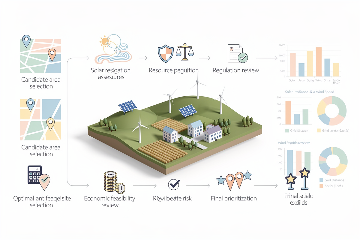 태양광·풍력 발전 최적 입지 분석 과정과 3D 지형, 그래프가 함께 배치된 AI 재생에너지 3D 지도 기반 프로세스 다이어그램.