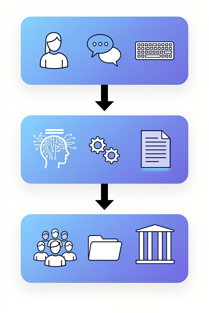 자연어 설명 입력, Claude의 구조 제안, 팀 보완 후 배포까지 Claude Skills 퀵 생성 플로우를 3단계 카드와 아이콘, 화살표로 표현한 세로 인포그래픽.