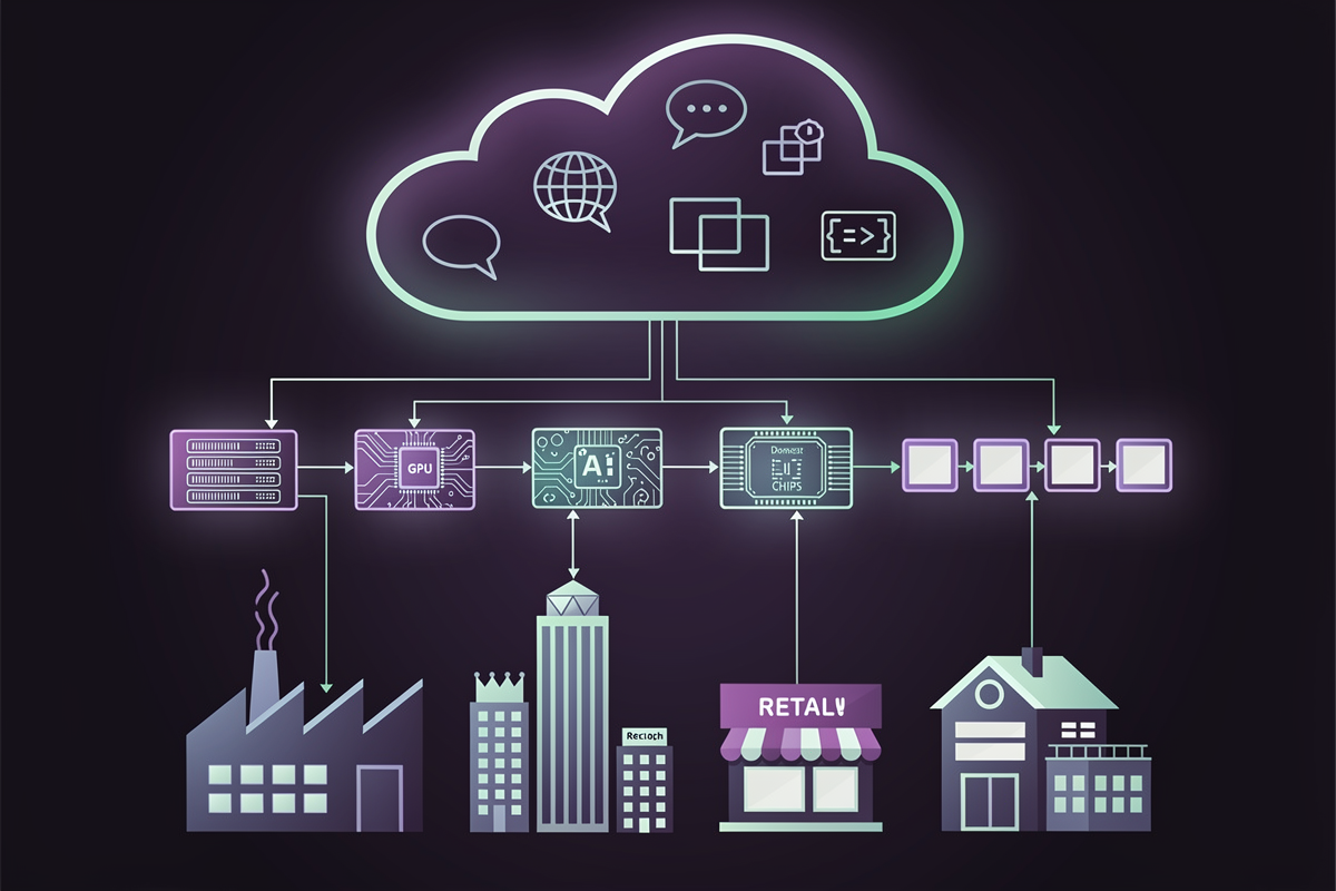상단 AI 클라우드, 중단 GPU·AI 칩·MLOps 블록, 하단 산업별 건물 실루엣이 연결된 구조로 LG AI연구원 K-엑사원 풀스택 생태계를 나타낸 시스템 뷰 일러스트
