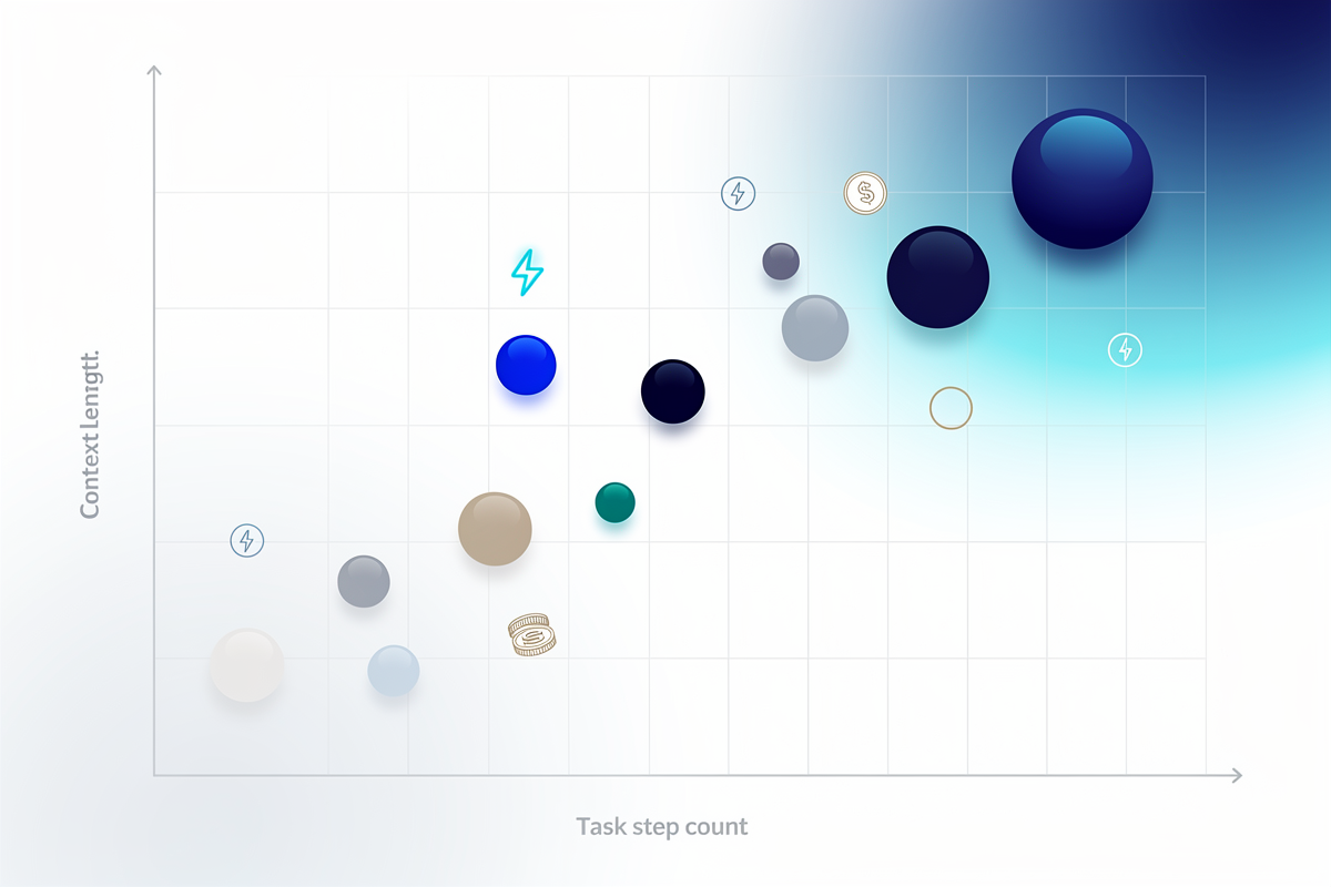 작업 단계 수와 컨텍스트 길이를 나타낸 좌표 위에 여러 에이전틱 AI 모델의 상대적 위치를 원형 마커와 그라데이션 영역으로 표현한 개념도