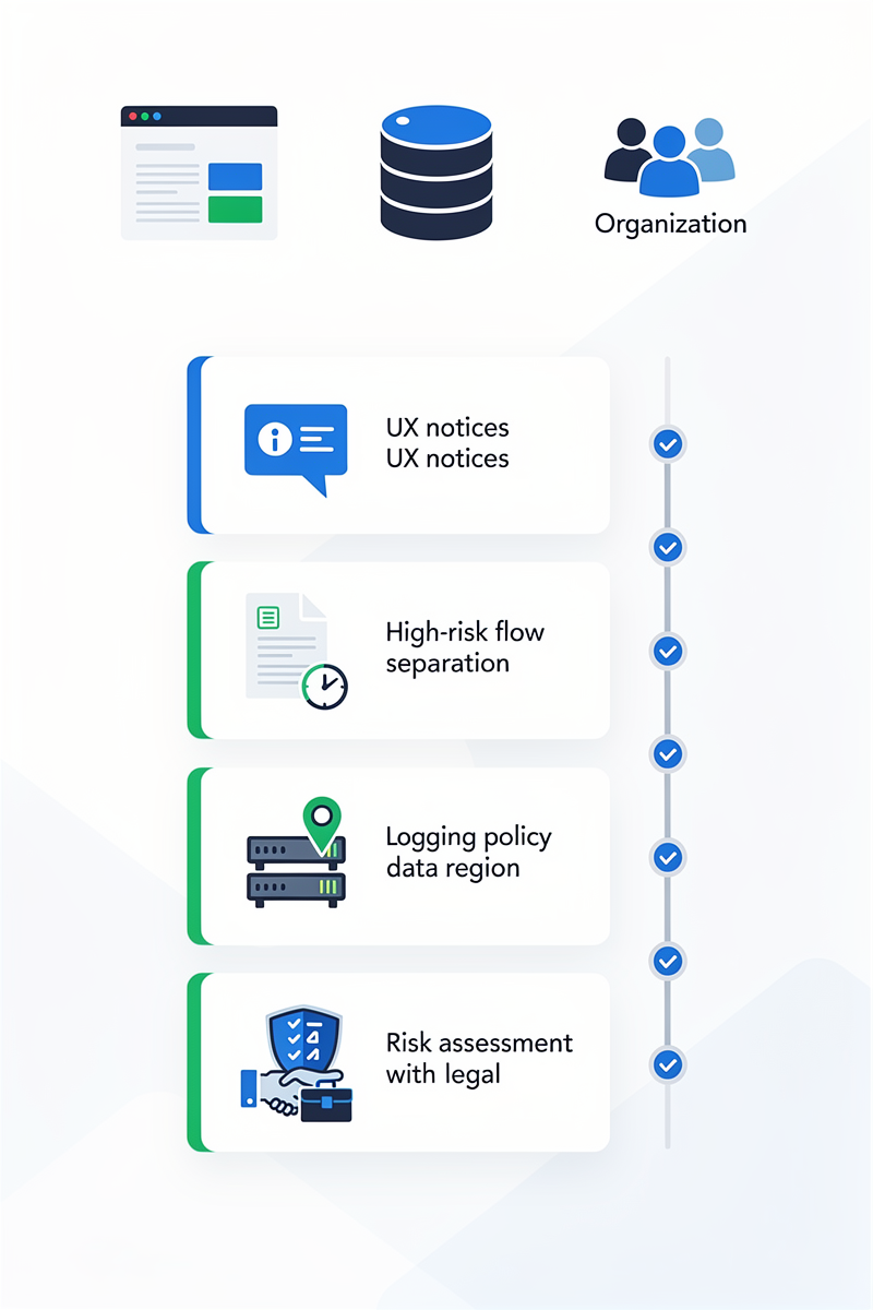 스타트업·SaaS를 위한 UX 고지, 고위험 분리, 로그, 데이터 리전, 위험 평가, 법무 협업 등 여섯 가지 AI 컴플라이언스 체크포인트를 카드와 아이콘으로 정리한 세로 인포그래픽