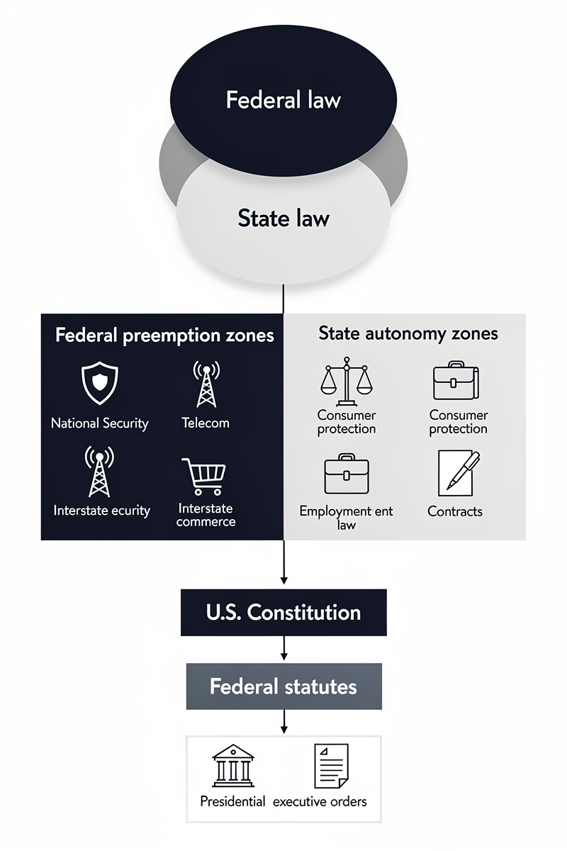 미국 헌법 우월조항과 연방법·주법·행정명령의 위계를 한눈에 보여주는 세로형 인포그래픽으로, 미국 AI 규제 구조와 연방 우선 개념을 시각적으로 정리한다.