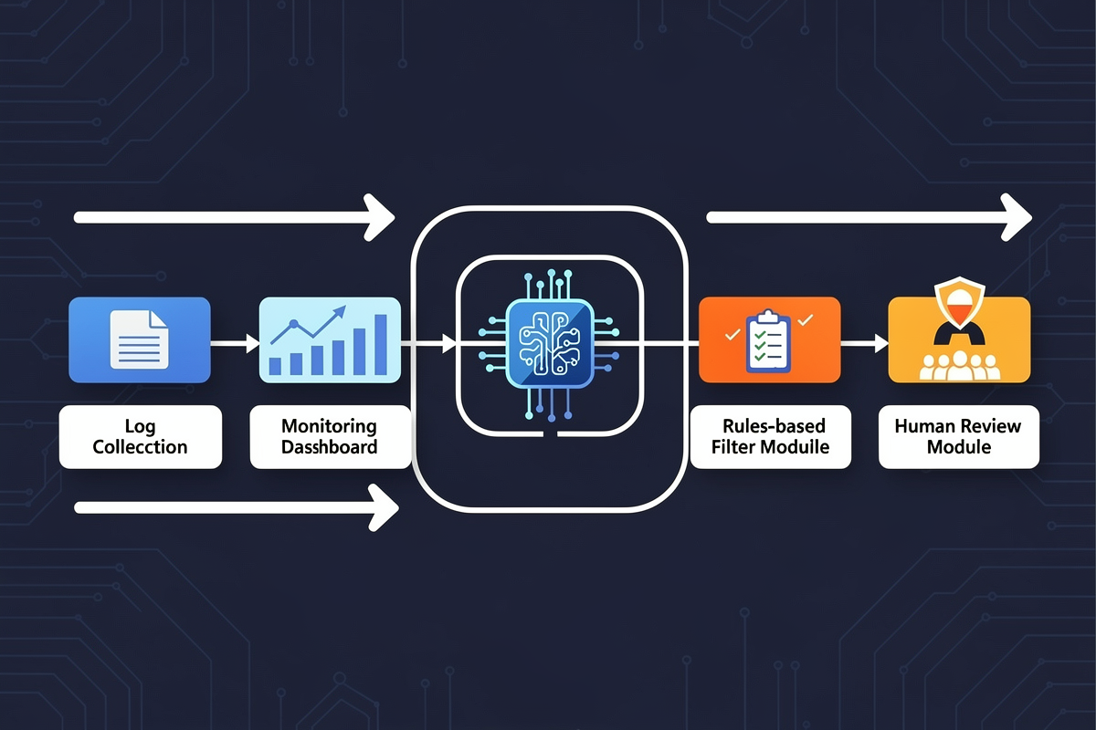 중앙 AI 모델 아이콘을 기준으로 로그 수집, 모니터링, Eval, 필터, 휴먼 리뷰 모듈이 파이프라인처럼 연결된 LLM Observability 아키텍처 다이어그램