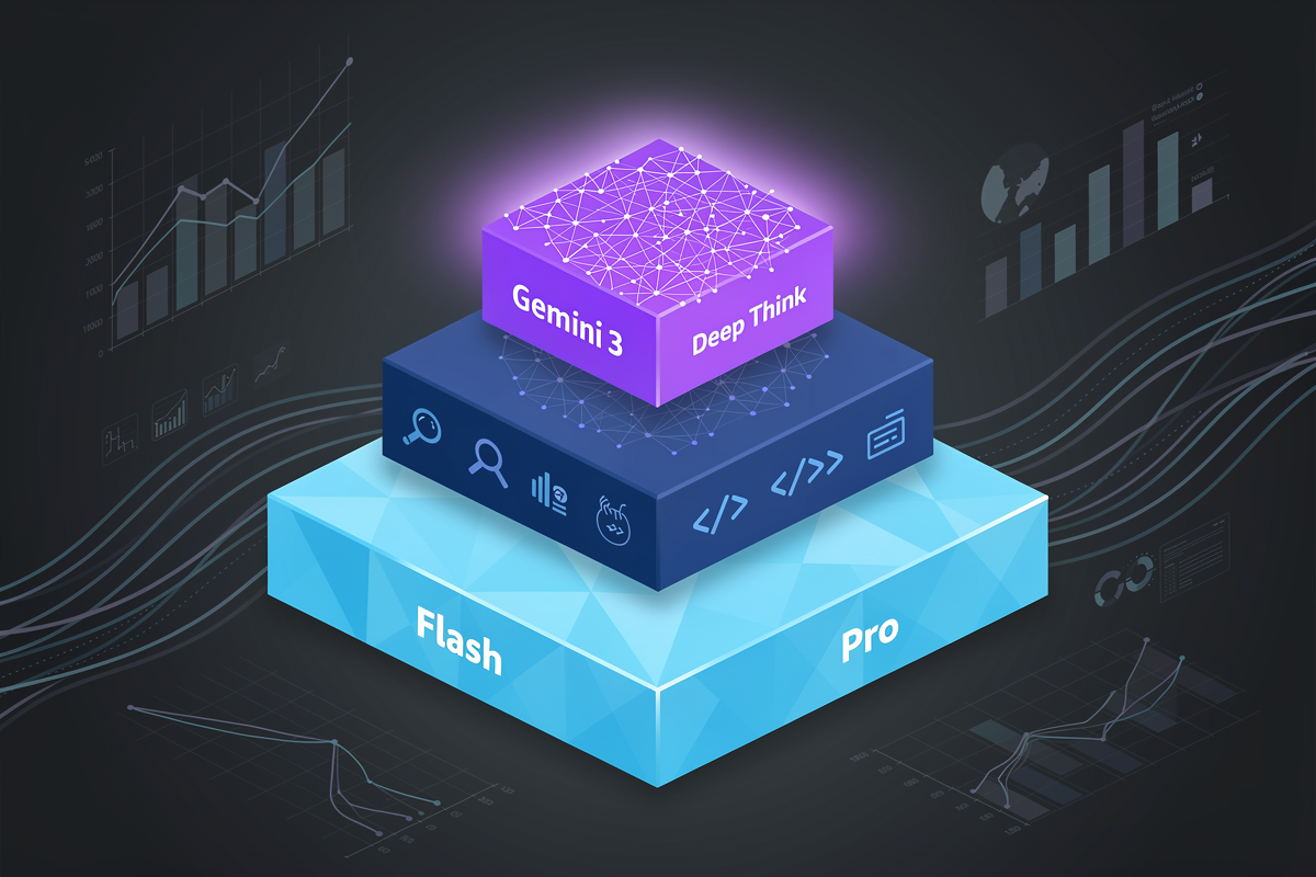Gemini 3 Flash, Pro, Deep Think 세 모델을 피라미드 구조로 표현한 인포그래픽 일러스트로, Google Gemini 3 Flash 라인업의 계층과 역할을 직관적으로 보여주는 이미지.