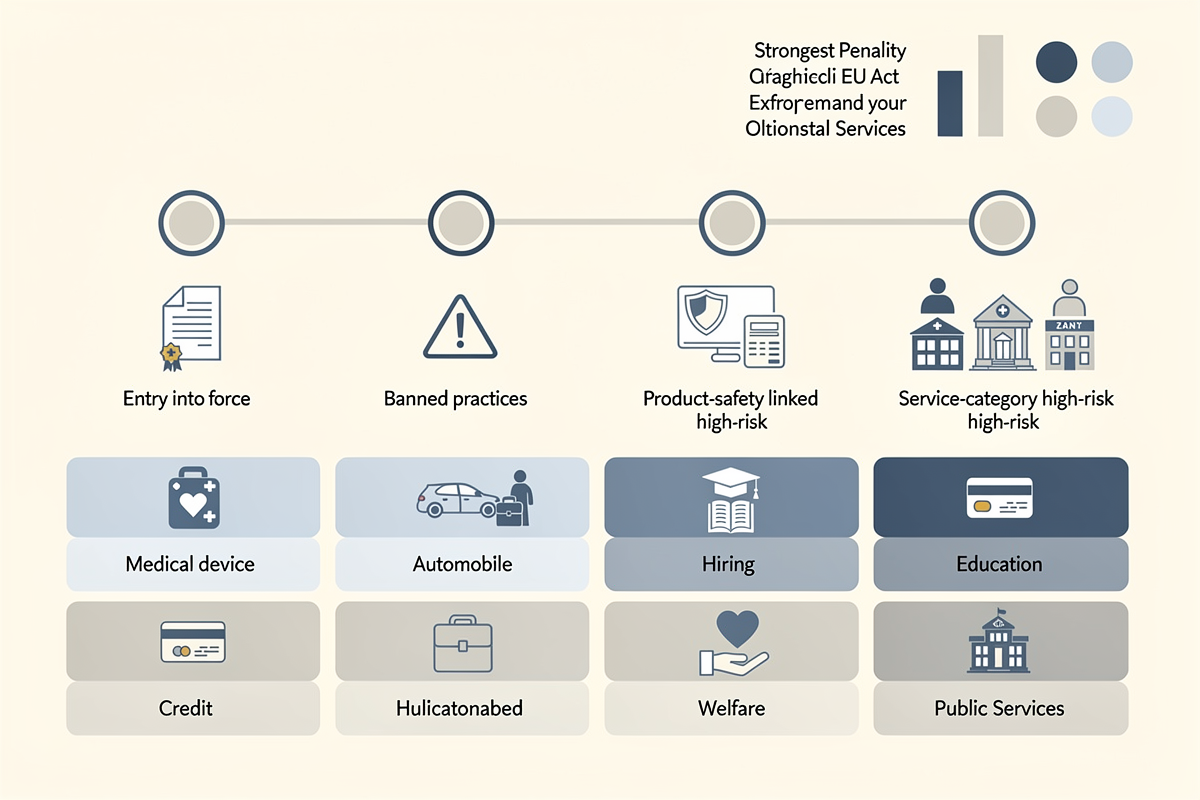 EU AI 법 집행 구조와 고위험 AI 정의를 한눈에 보여주는 타임라인 인포그래픽으로, 연도별 단계와 과징금 수준을 아이콘과 도형으로 표현한 이미지