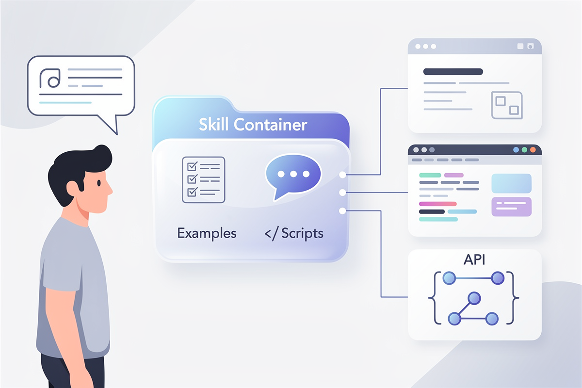 자연어 설명에서 Claude Skill 캡슐을 거쳐 콘솔·IDE·API 모듈로 이어지는 플로우를 보여 주는 다이어그램 스타일 일러스트로, Claude Skills 개념을 직관적으로 설명한다.