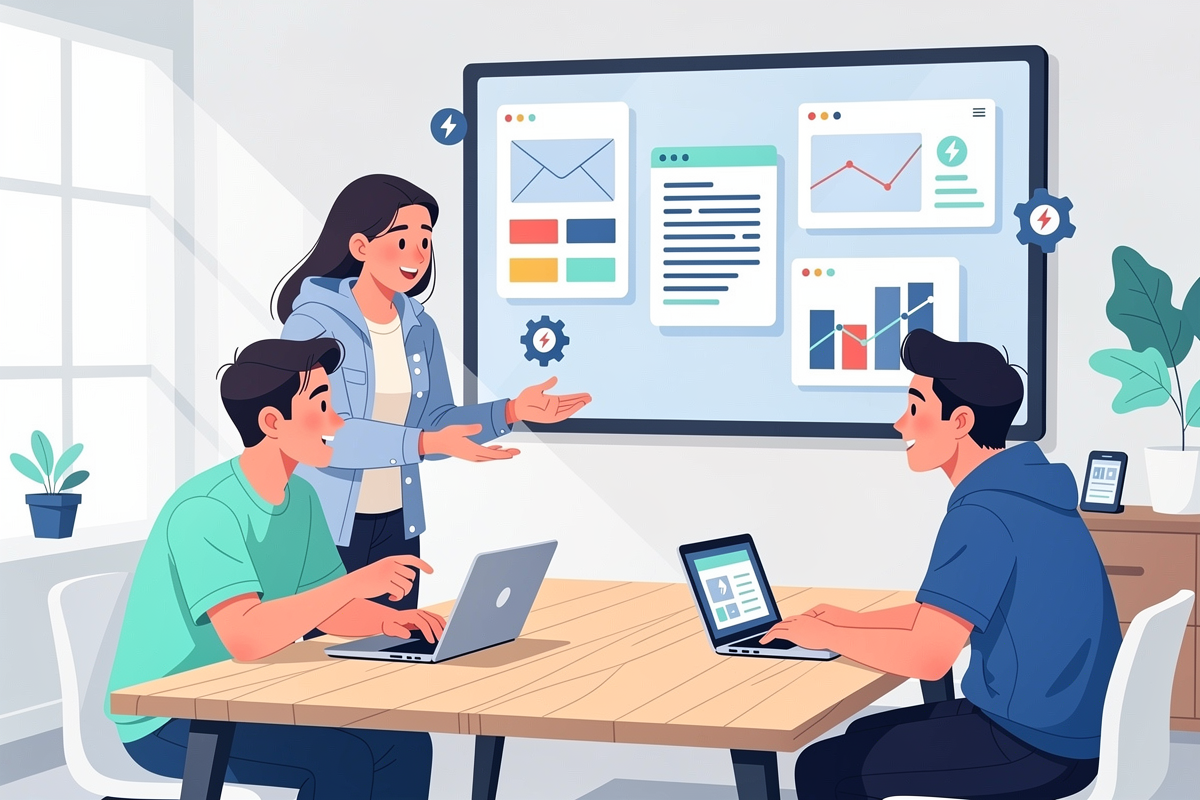 밝은 회의실에서 스타트업 팀이 노트북과 대형 화면을 보며 이메일·요약·리포트 자동화를 위한 Claude Skills 파일럿을 진행하는 장면의 일러스트.