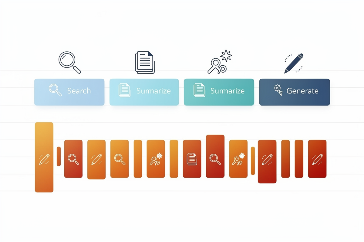 위에는 소수의 짧은 블록으로 구성된 효율적인 타임라인, 아래에는 많은 긴 블록과 반복 패턴으로 구성된 비효율적인 타임라인을 배치해 툴 호출 성능이 전체 작업 시간에 미치는 차이를 보여주는 차트