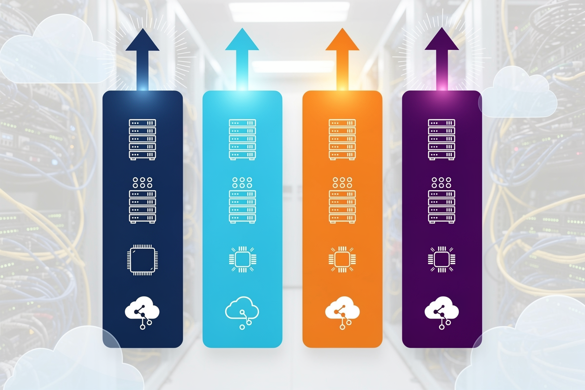 네 개의 수직 막대 패널에 데이터센터·GPU·클라우드 아이콘과 상승 화살표를 배치해 미국 주요 빅테크의 AI·데이터센터 CAPEX 경쟁을 비교형 대시보드 스타일로 표현한 이미지.