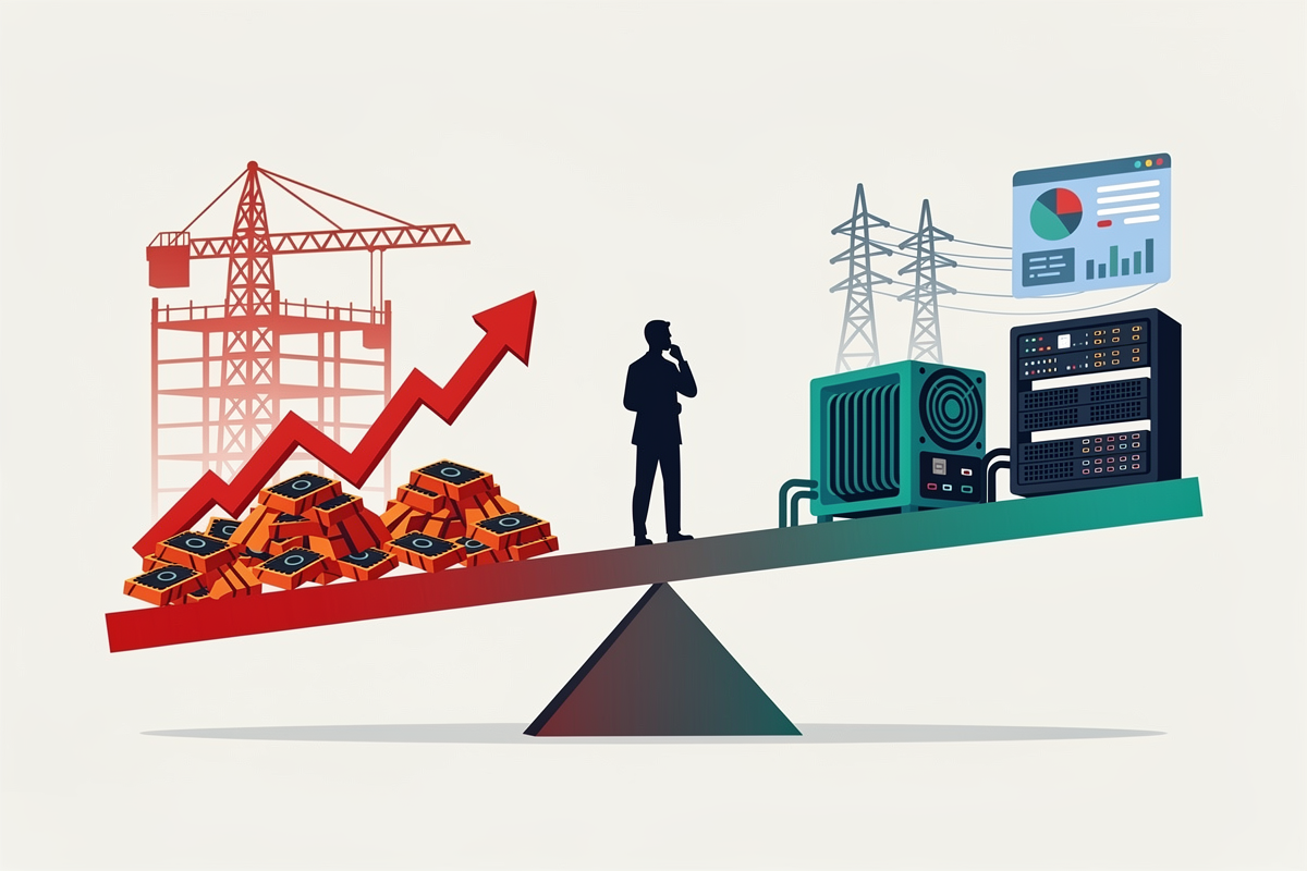 붉은 영역의 초대형 데이터센터·급등 주가·GPU 더미와 푸른 영역의 전력 인프라·수랭·네트워크·운영 대시보드를 시소 양쪽에 두고 중앙 투자자 실루엣이 균형을 고민하는 벡터 일러스트.