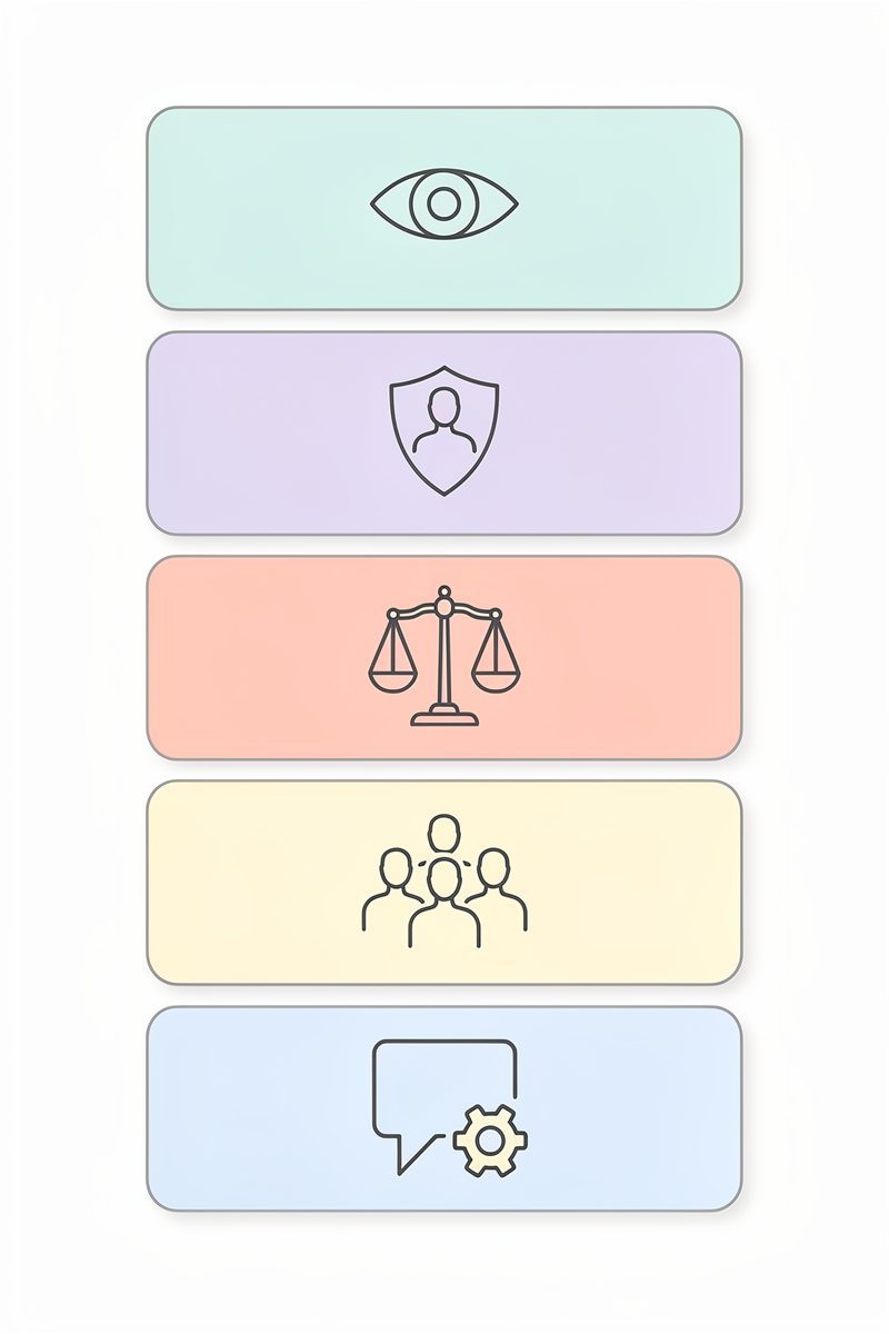 투명성·책임성·공정성·인권·설명가능성 등 인공지능 윤리 원칙 5축을 아이콘과 색상만으로 표현한 수직 인포그래픽.