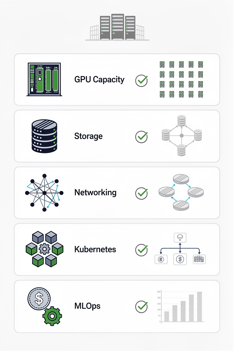 온프렘·코로케이션 환경에서 AI 공장 구축 시 GPU, 스토리지, 네트워크, 쿠버네티스, MLOps, 비용을 점검하는 인프라 체크리스트형 세로 인포그래픽.