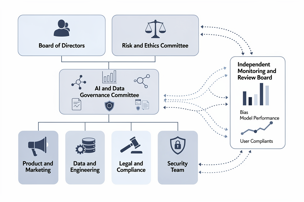이사회, 윤리 위원회, 거버넌스 위원회, 실무 팀, 모니터링 보드로 구성된 엔터프라이즈 AI 거버넌스 구조 다이어그램.