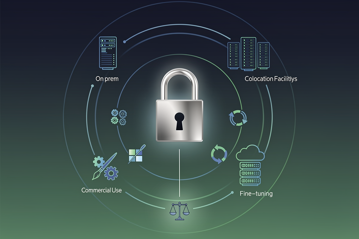 중앙의 열린 자물쇠와 주변 링 구조로 온프렘·코로케이션·클라우드 활용과 상업적 사용, 파인튜닝, 재배포 범위를 표현한 NVIDIA Open Model License 개념 이미지.