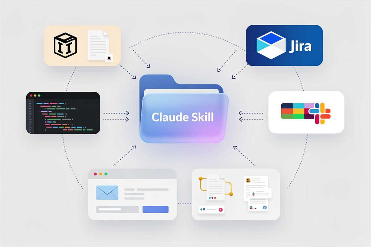 중앙 Claude Skill 폴더를 기준으로 Notion·Jira·GitHub·Slack·Zapier를 상징하는 앱 카드와 이메일 인박스·문서·티켓 카드가 점선과 화살표로 연결된 SaaS 스택 아키텍처 일러스트.