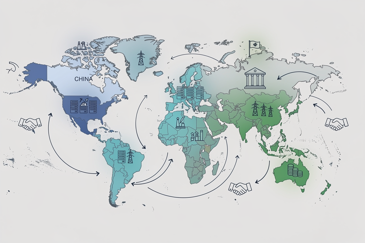 세계 지도 위에 중국·중동·유럽을 다른 색으로 강조하고 데이터센터·전력·자본 아이콘과 정부 상징을 배치해 AI·데이터센터 국가 전략과 인센티브 경쟁 3축을 나타낸 이미지.