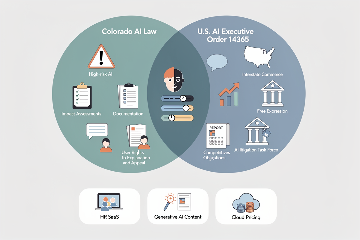 콜로라도 AI법과 미국 AI 행정명령 14365호의 충돌·공통 영역을 벤다이어그램과 HR SaaS·생성형 AI·클라우드 가격 시나리오 아이콘으로 보여주는 비교 차트