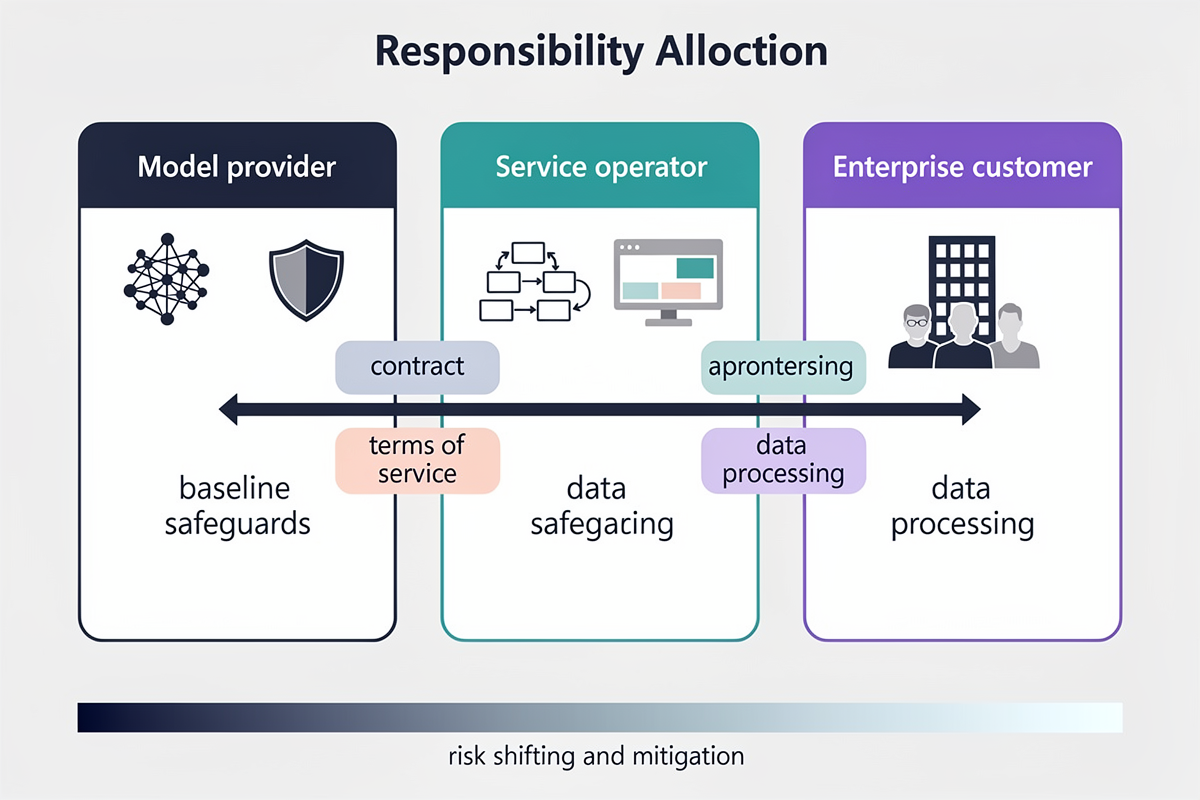 모델 제공자, 서비스 운영자, 기업 고객 세 주체를 상자와 아이콘, 화살표로 연결한 다이어그램으로, 계약·약관·데이터 처리를 통해 AI 서비스 책임과 리스크가 어떻게 분배되는지 보여준다.