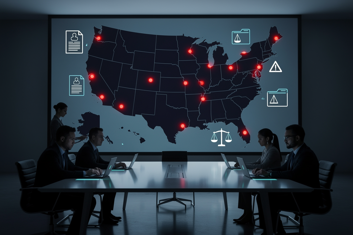 미국 법무부 AI 소송 태스크포스가 미국 지도와 붉은 분쟁 지점을 보는 회의실 장면을 데이터 시각화 스타일로 표현한 일러스트