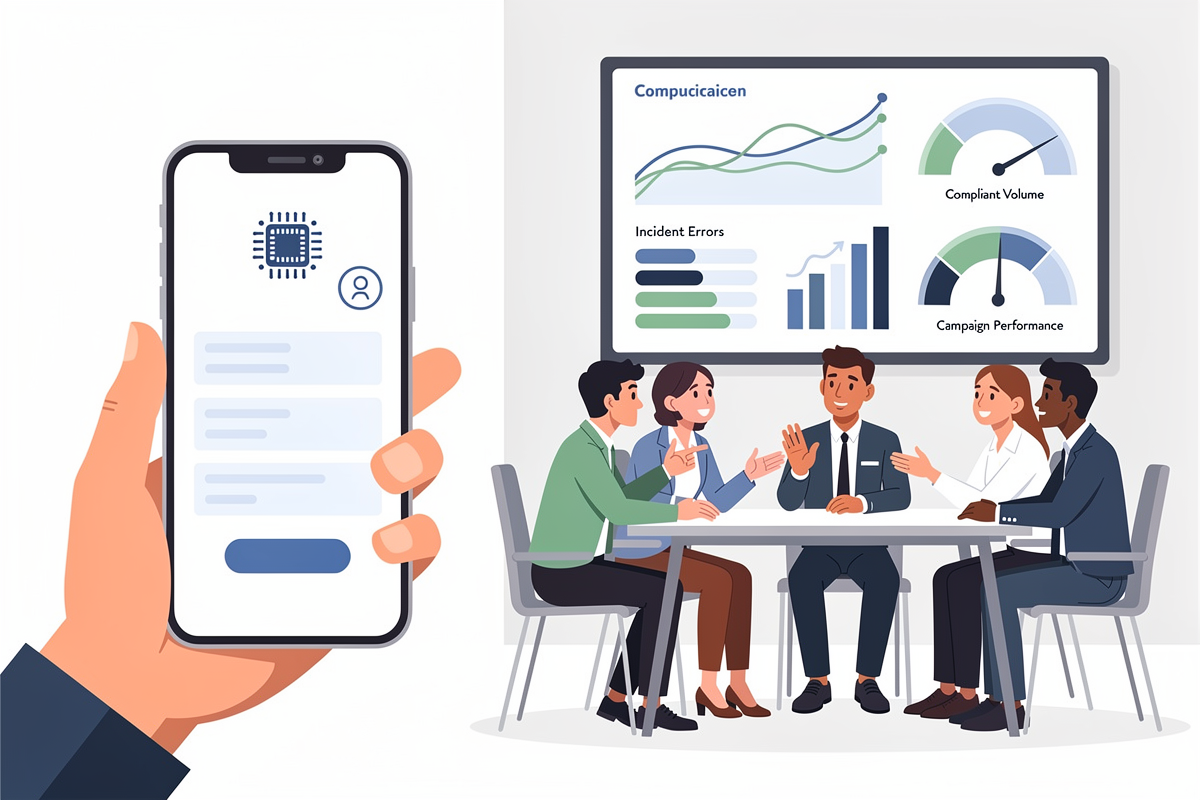 AI 사용 고지 인터페이스와 불만·오류·성과를 함께 모니터링하는 내부 브랜드 팀 장면을 나란히 보여주는 운영·커뮤니케이션 일러스트.