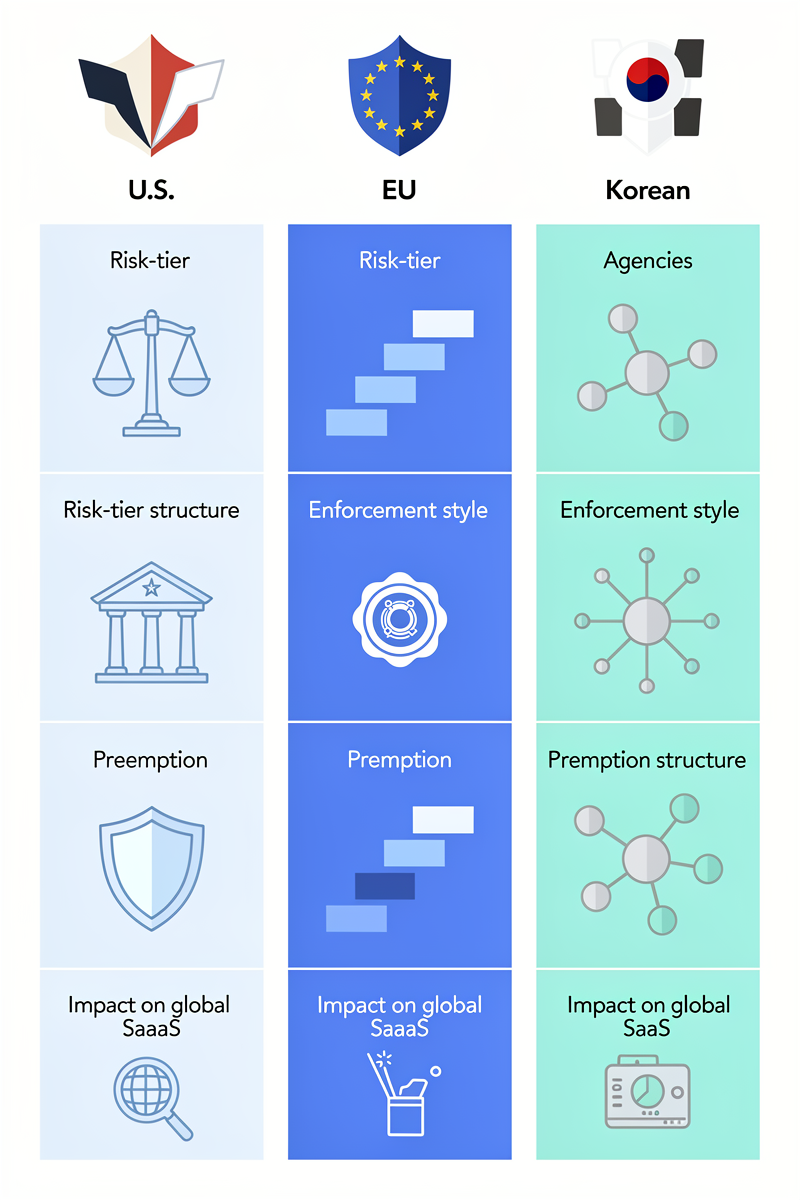 미국 AI 행정명령, EU AI Act, 한국 AI 규제를 위험 등급·집행 방식·선점 구조·SaaS 영향별로 세로 3열 아이콘으로 비교한 인포그래픽