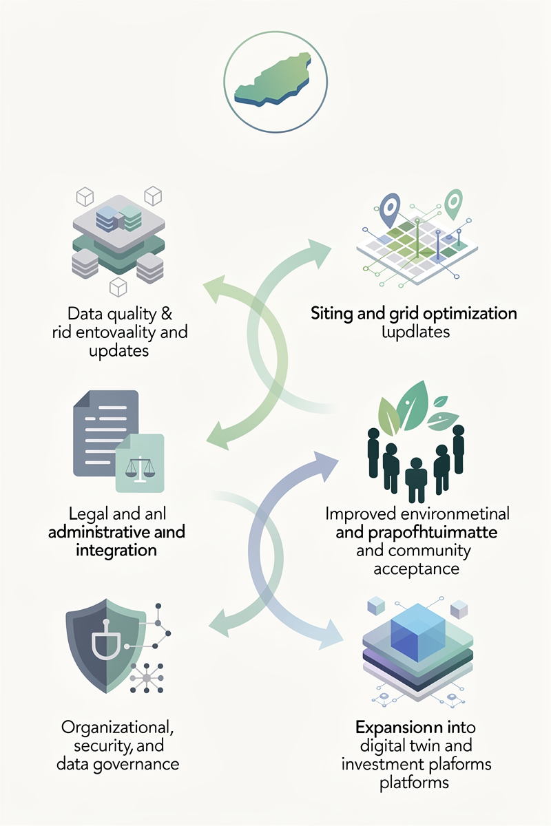제주 AI 재생에너지 3D 지도 프로젝트의 3대 과제와 3대 기회를 아이콘과 화살표로 한눈에 정리한 세로형 인포그래픽 이미지.