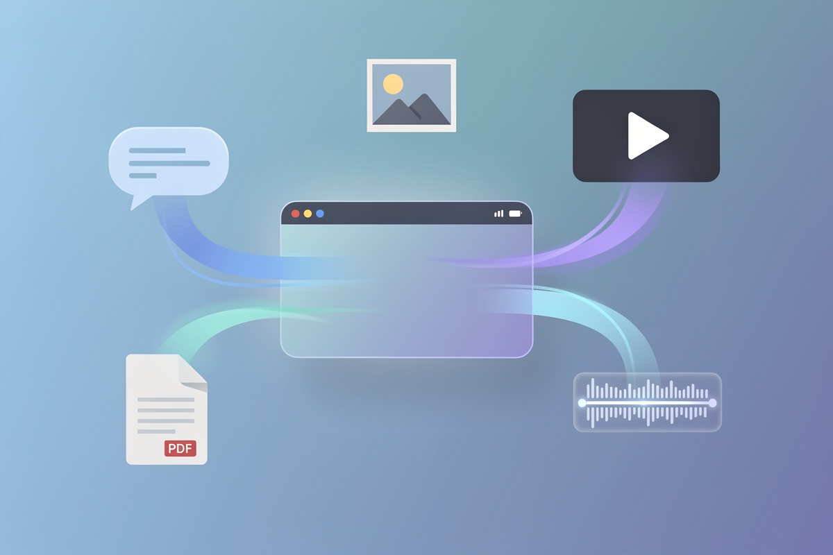 텍스트, 이미지, 비디오, 오디오, 문서를 하나의 패널로 모으는 아이콘으로 Google Gemini 3 Flash의 멀티모달 입력 통합을 시각화한 일러스트.