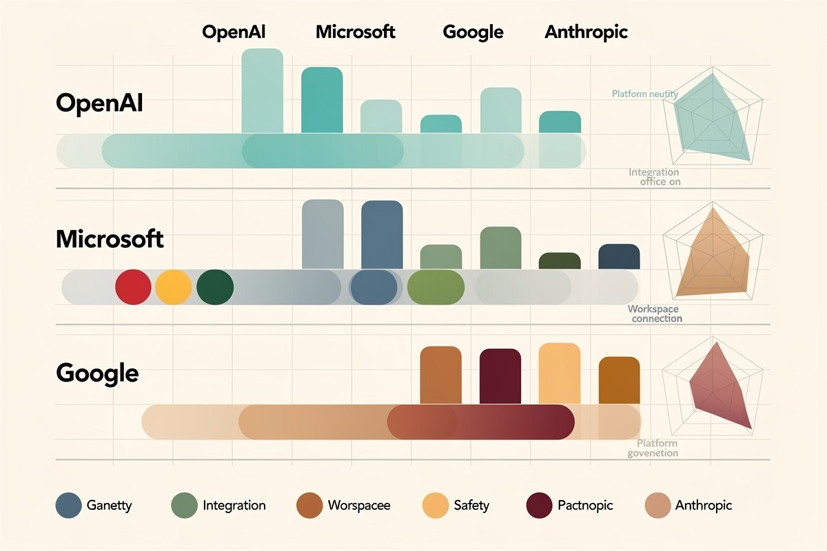 OpenAI, Microsoft, Google, Anthropic 네 플랫폼의 범용성·통합성·안전성 강점을 시각적으로 비교한 레이더·막대 혼합형 차트.