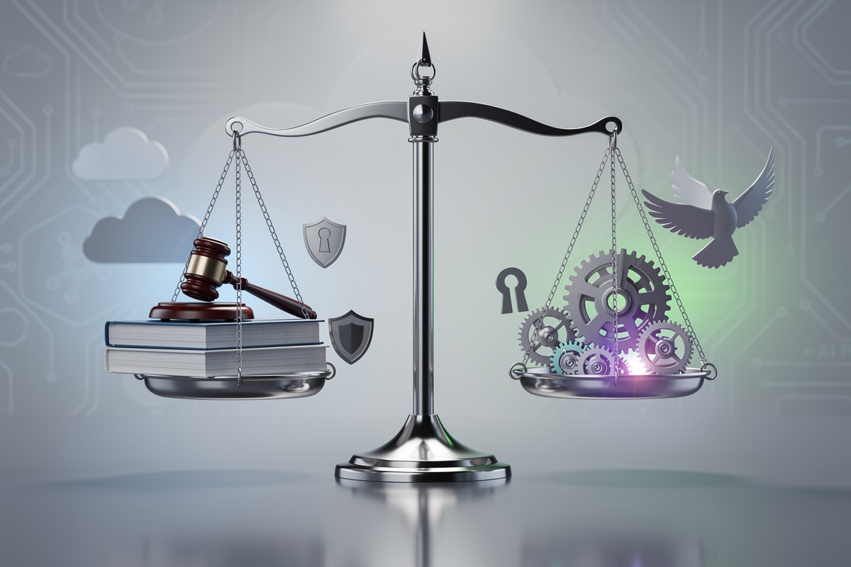 규제·안전과 오픈소스·혁신의 긴장을 고전적인 저울 이미지로 표현해 AI 거버넌스와 개방성 사이의 미묘한 힘겨루기를 보여주는 상징적 일러스트.
