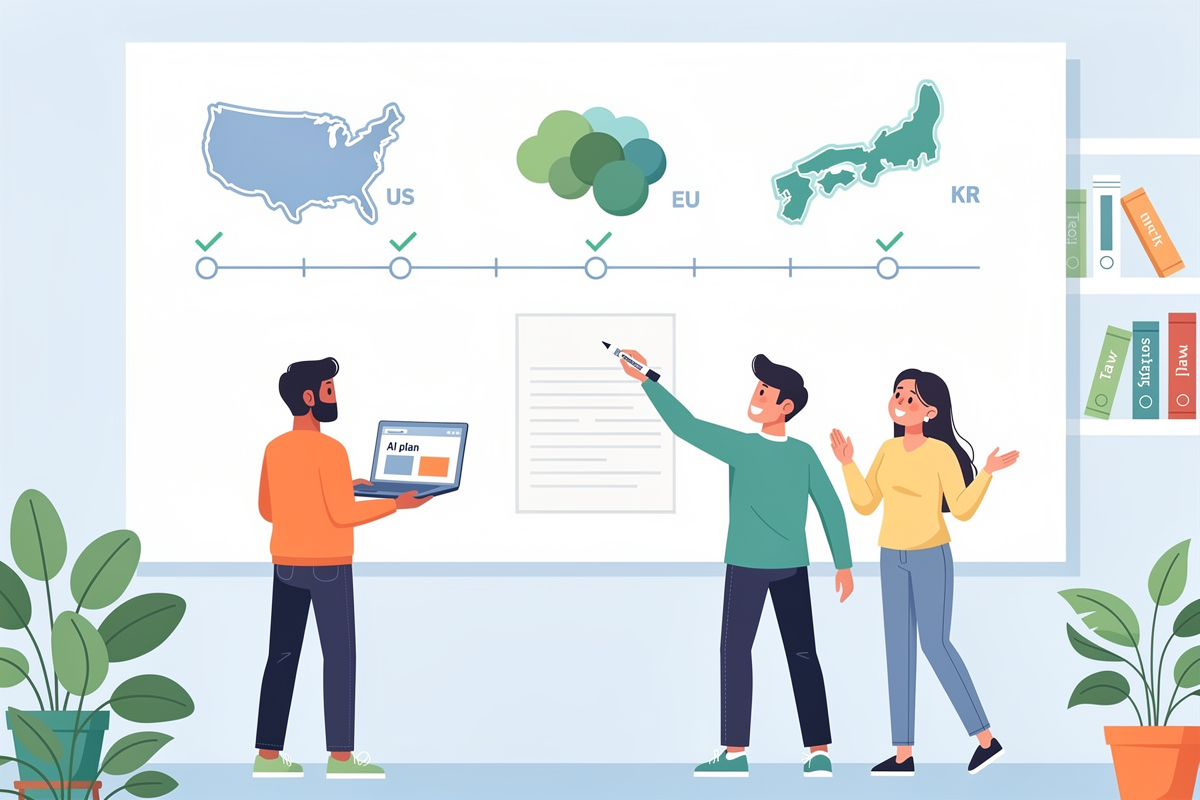 스타트업 팀이 미국·EU·한국 규제 맵과 타임라인, 원페이지 로드맵이 그려진 화이트보드를 보며 AI 컴플라이언스 전략을 논의하는 밝은 분위기의 오피스 일러스트