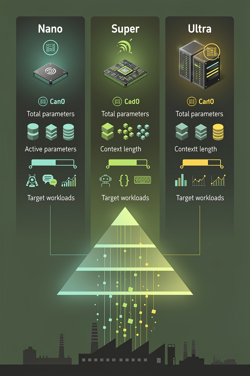 Nemotron 3 Nano·Super·Ultra 세 가지 모델을 파라미터와 컨텍스트 길이, 워크로드 관점에서 단계적으로 비교하는 세로형 인포그래픽 일러스트.