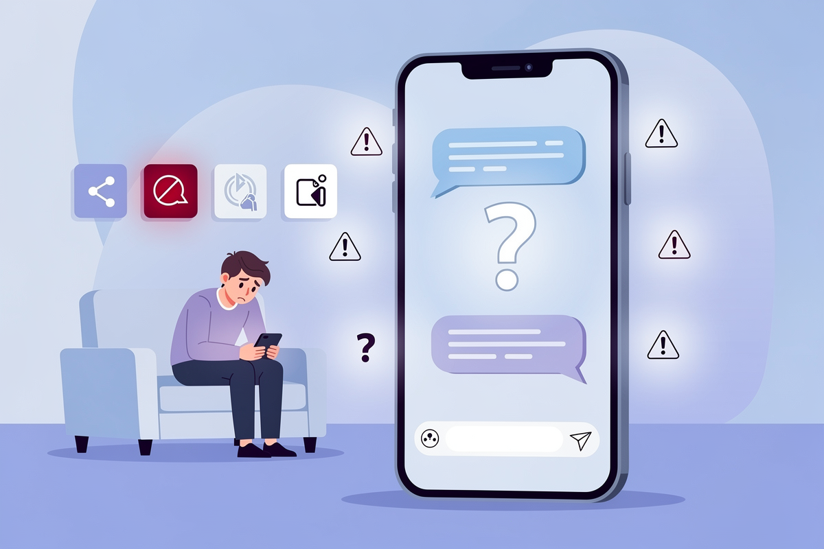 정신건강 챗봇의 공감, 위기 대응, 투명성 등 윤리 이슈와 위험 신호를 시각화한 AI 윤리 2025 관련 일러스트.