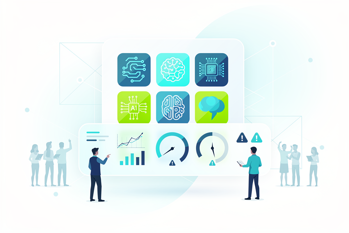 격자 형태의 여러 AI 모델 아이콘 위에 그래프·게이지·알림이 보이는 대시보드 패널과 작은 팀 실루엣을 배치해 멀티모델 포트폴리오와 운영 전략을 함께 표현한 마무리 일러스트