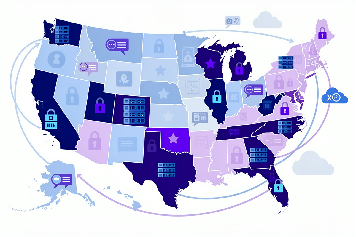 미국 지도를 배경으로 주별 AI 규제 수준에 따라 잠긴 기능과 베타 기능 아이콘이 나뉘어 배치된 일러스트로, 미국 AI 규제가 서비스 설계와 지역별 기능 제공에 미치는 영향을 표현한다.