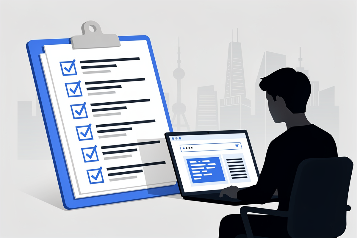 체크리스트가 있는 클립보드와 노트북을 사용하는 개발자, 서울 스카이라인 실루엣을 통해 한국 개발자의 Google Gemini 3 Flash 전환 준비 과정을 상징적으로 나타낸 일러스트.