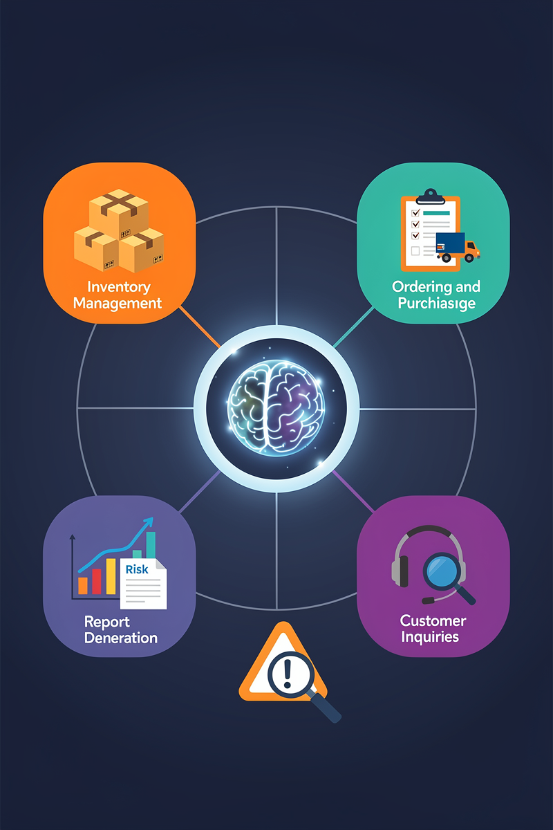 중앙 AI 아이콘을 중심으로 재고 관리, 주문·발주, 고객 문의, 리스크 감지, 리포트 생성 기능을 원형 카드로 배치한 소매·커머스용 Claude 에이전트 프로세스 다이어그램.